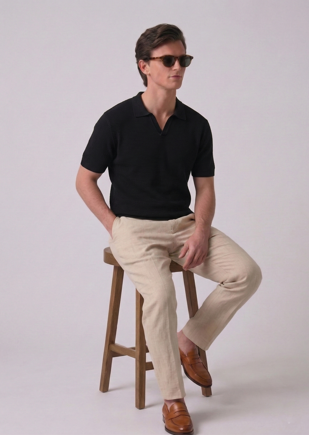 Black Textured Half Sleeves Knit Polo T-Shirt