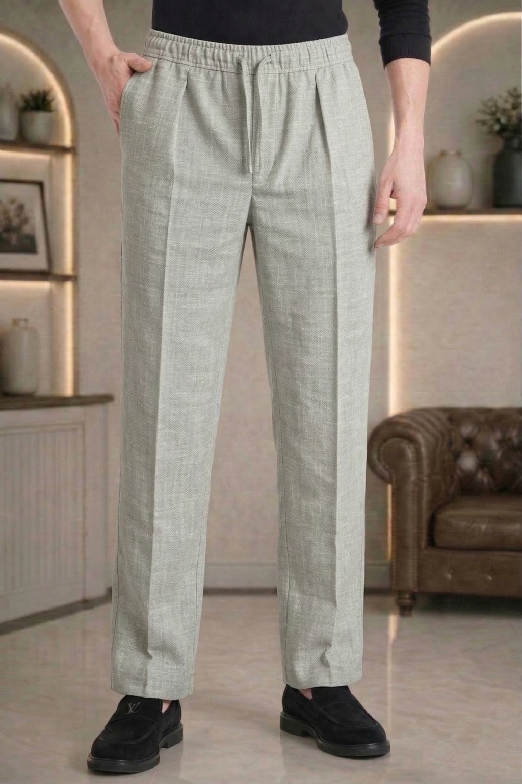 Light Grey Linen Drawstring Trouser Pant by French Cuff