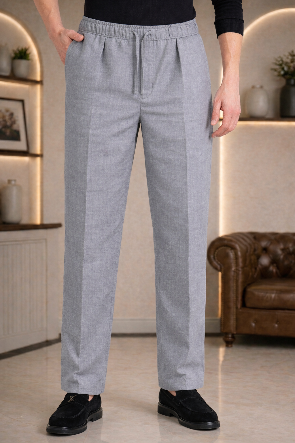 Dark Grey Linen Drawstring Trouser Pant by French Cuff