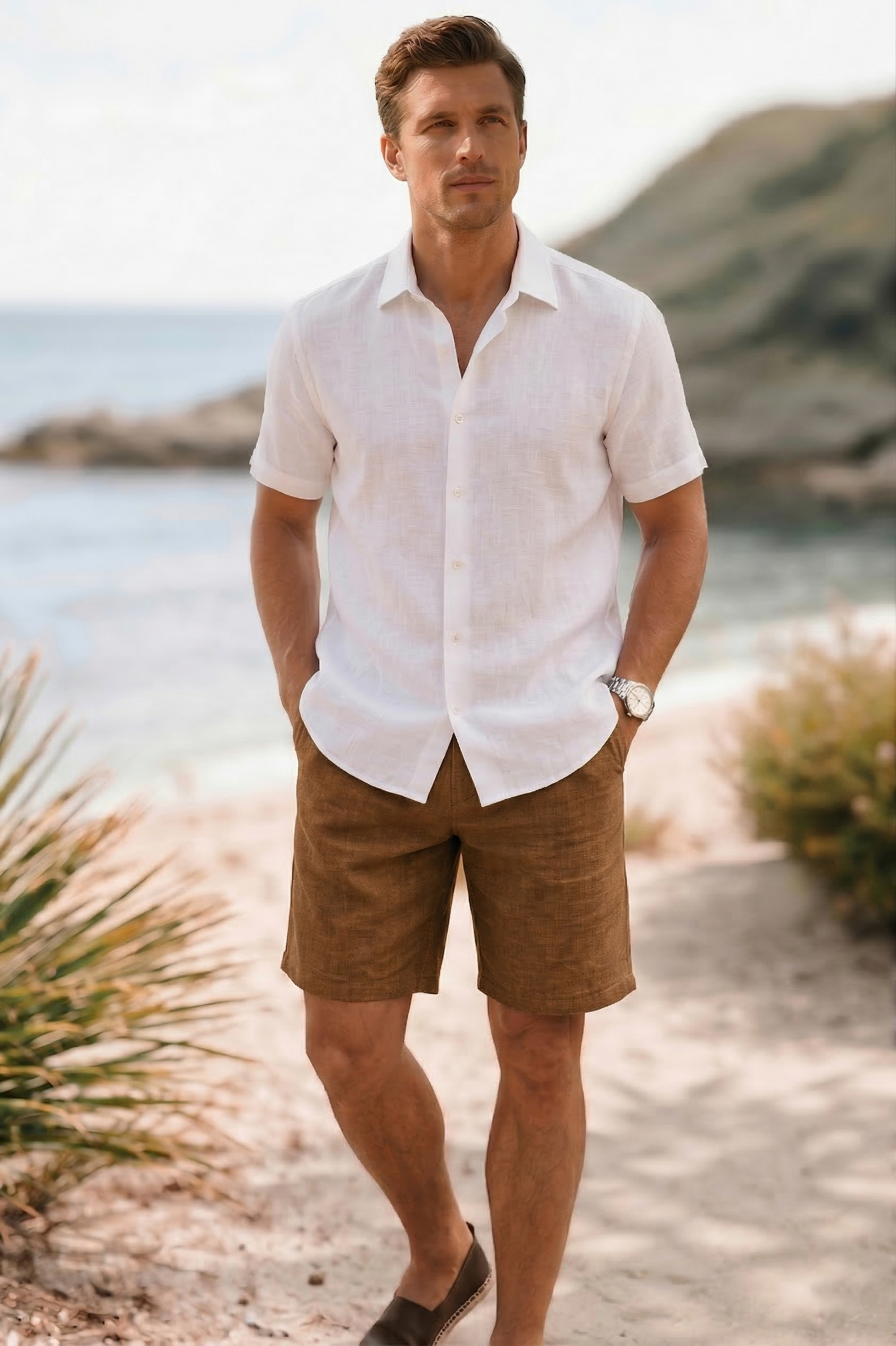 Brown Linen Drawstring Shorts by French Cuff