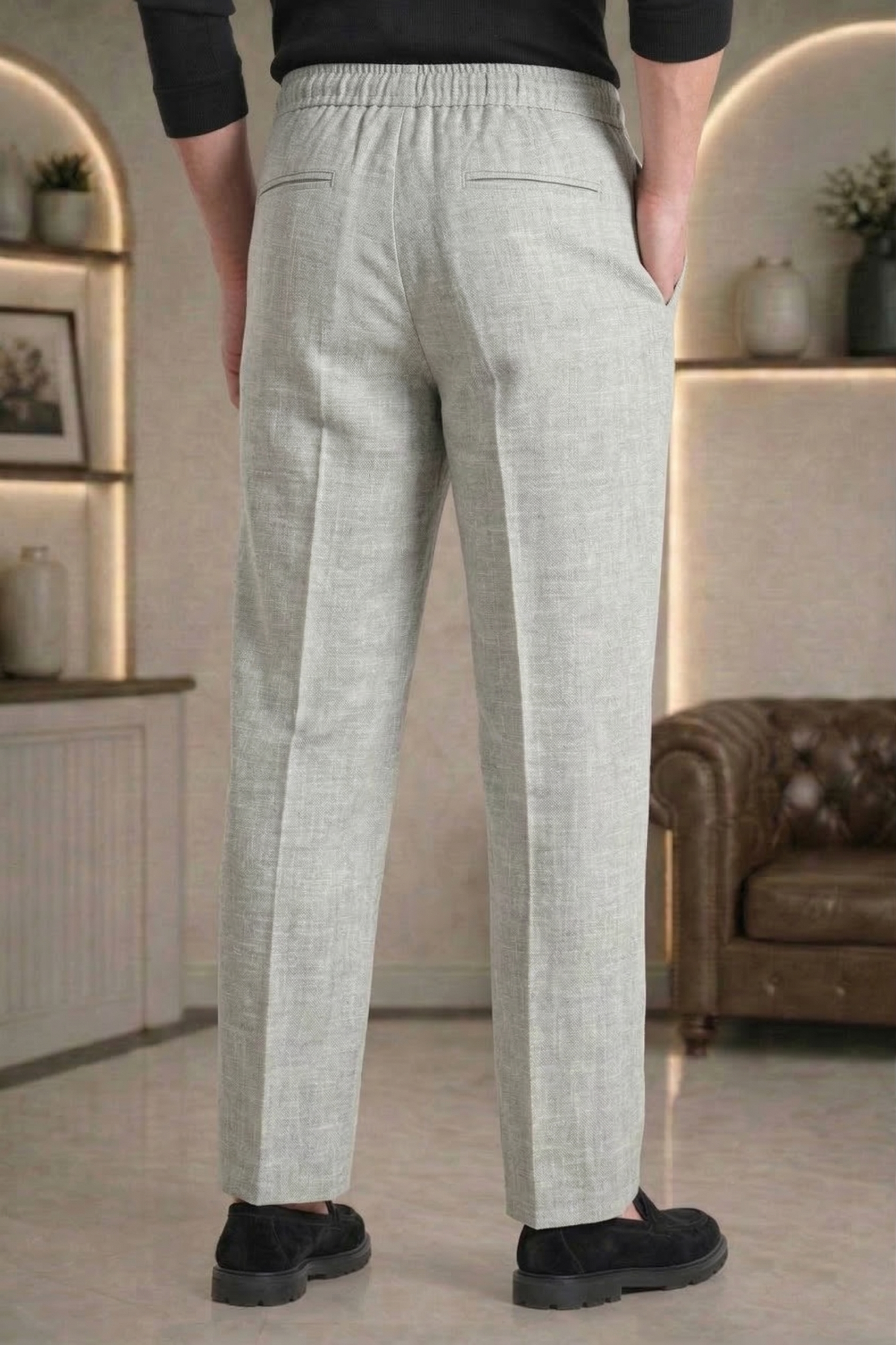 Light Grey Linen Drawstring Trouser Pant by French Cuff