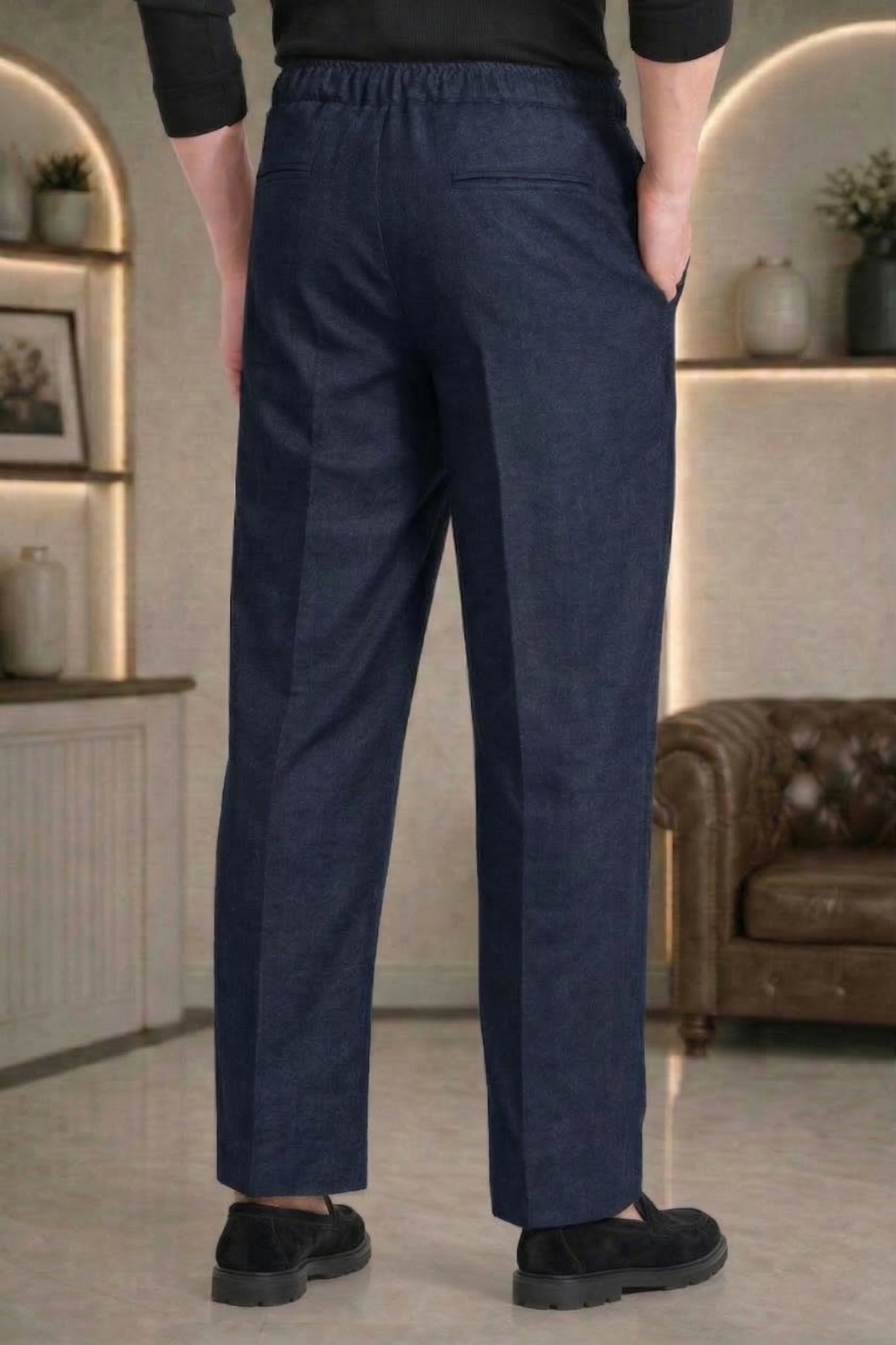 Navy Blue Linen Drawstring Trouser Pant by French Cuff