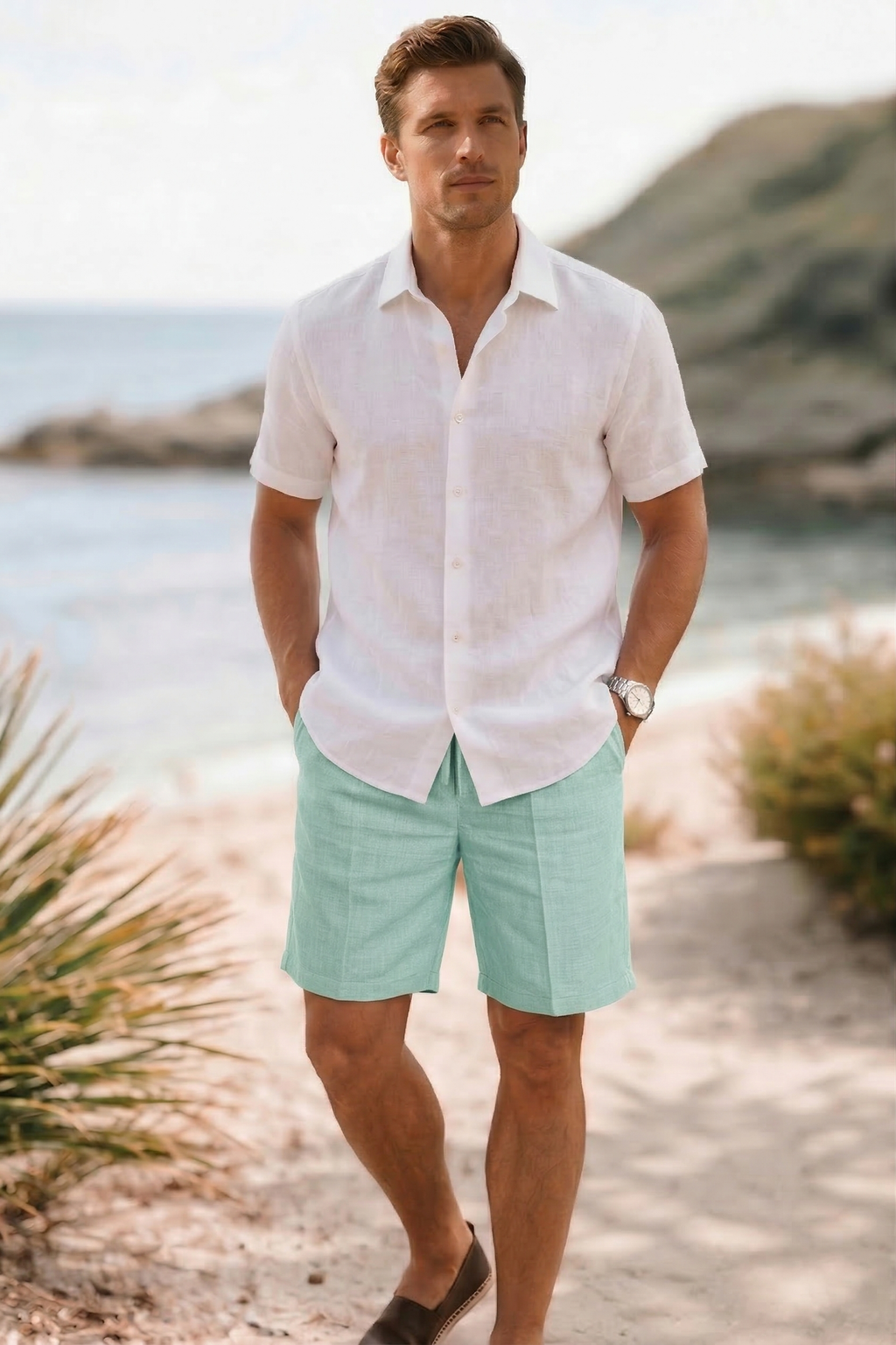 Minty Green Linen Drawstring Shorts by French Cuff