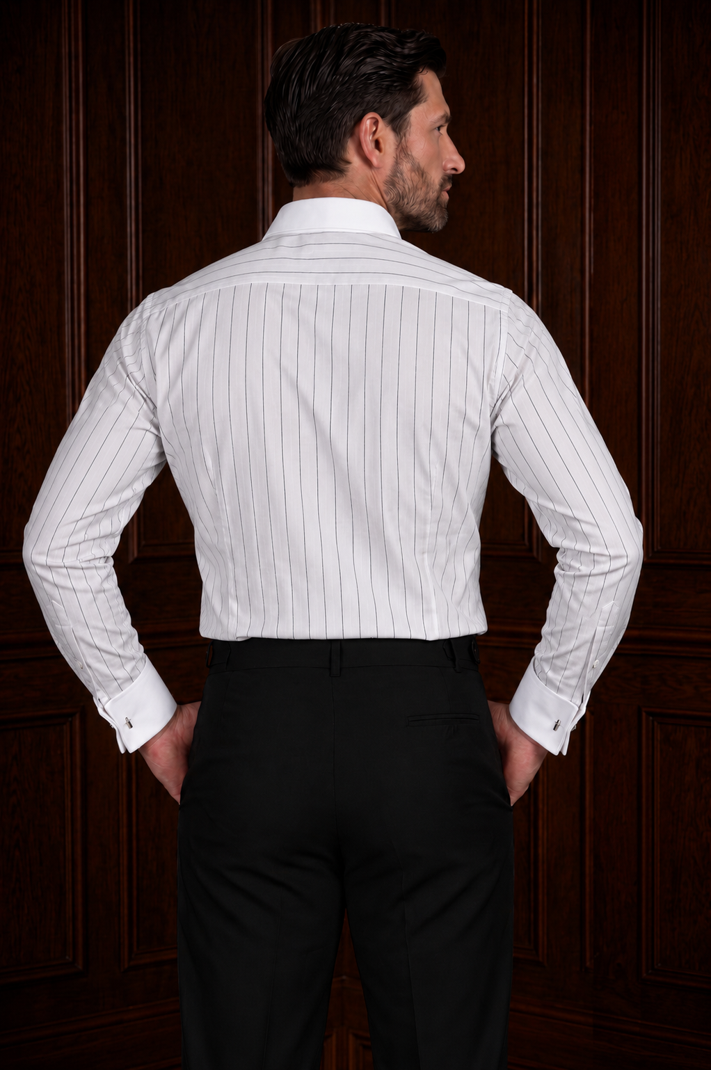 Men’s Black Pinstriped Contrast Shirt – Tailored Button Down with French Cuffs