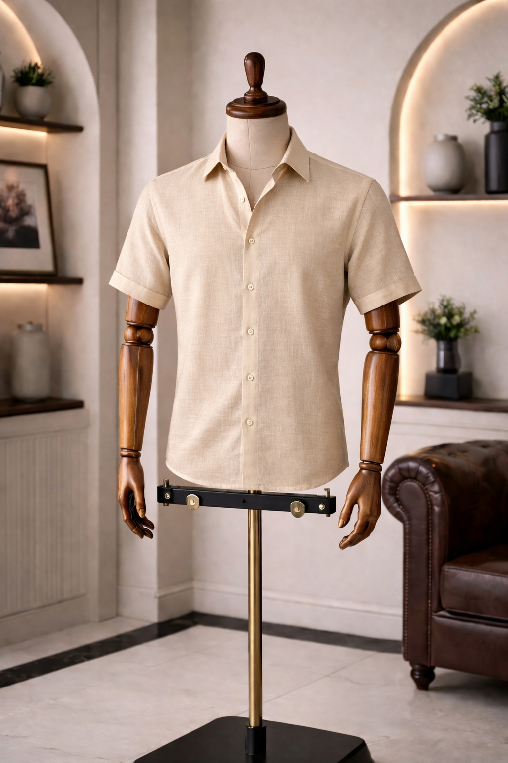 French Cuff Men's Pure Linen Beige Half Sleeve Shirt | Summer Wear