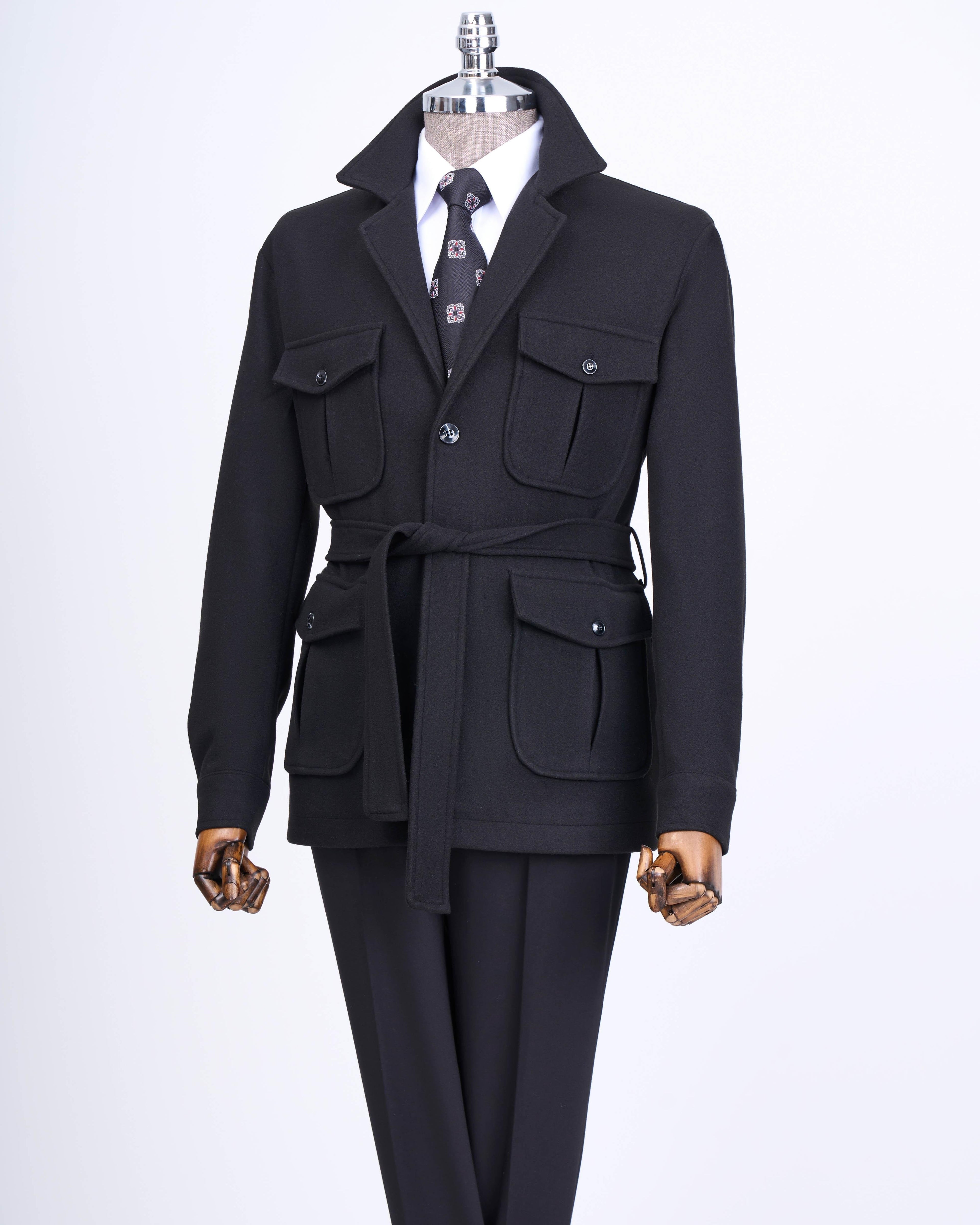 French Cuff Men's Black Cashmere 4-Pocket Jacket