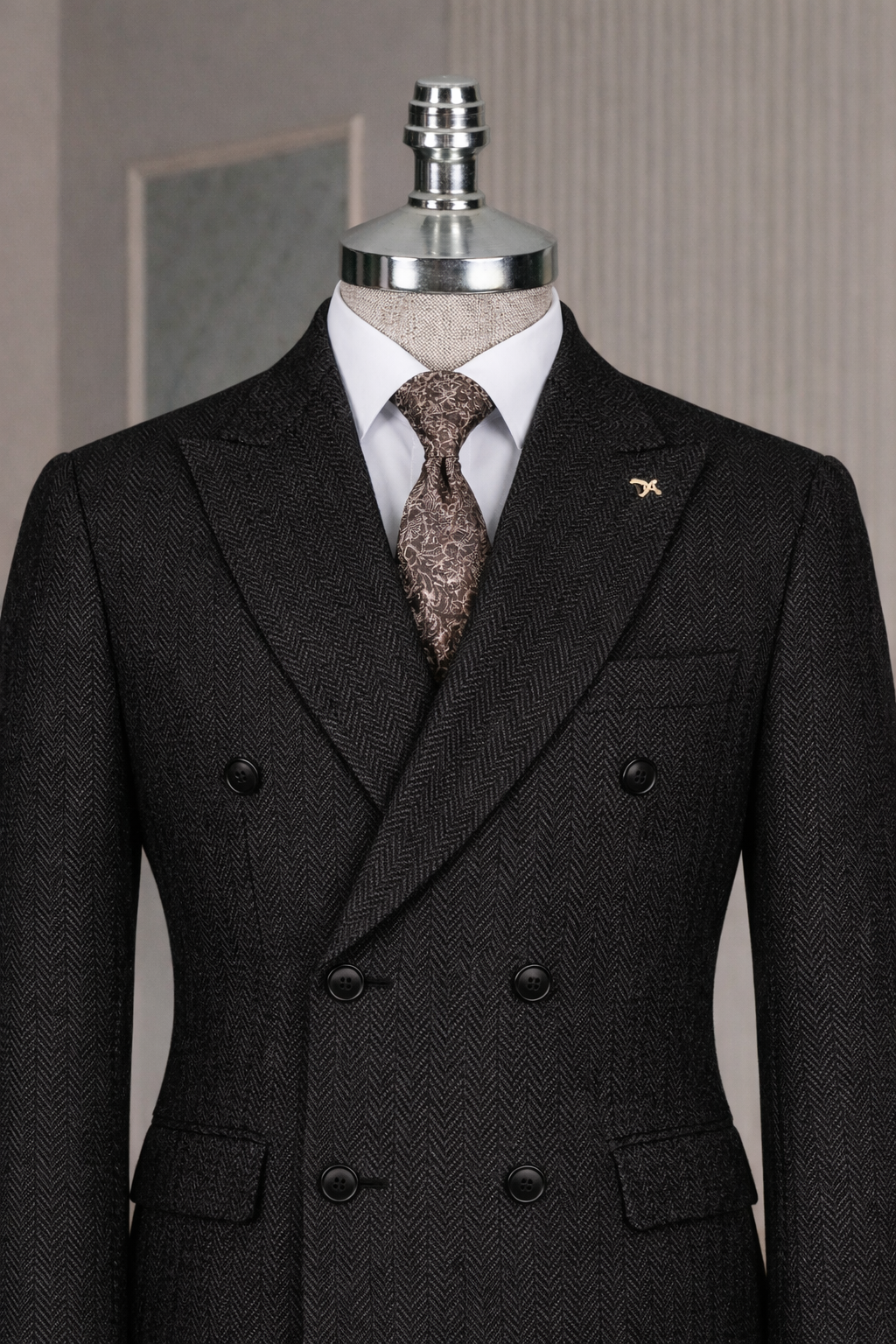 French Cuff Men's Black Herringbone Double Breasted Blazer