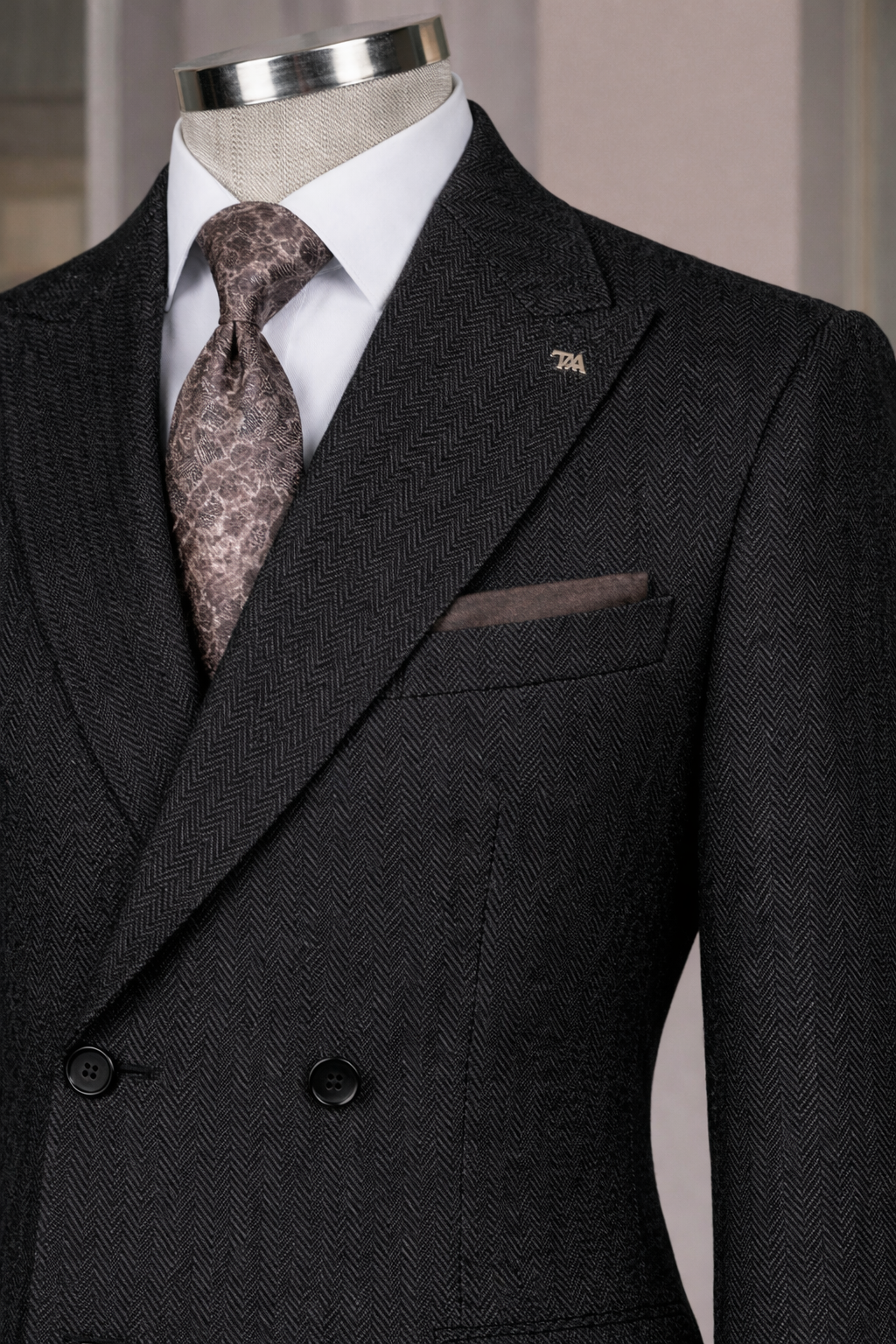 French Cuff Men's Black Herringbone Double Breasted Blazer