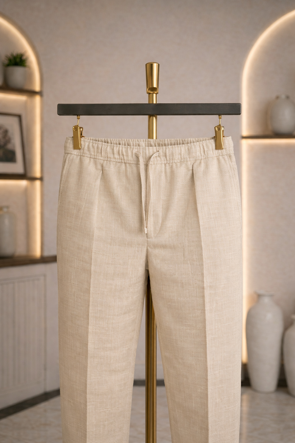 Beige Linen Drawstring Trouser Pant by French Cuff