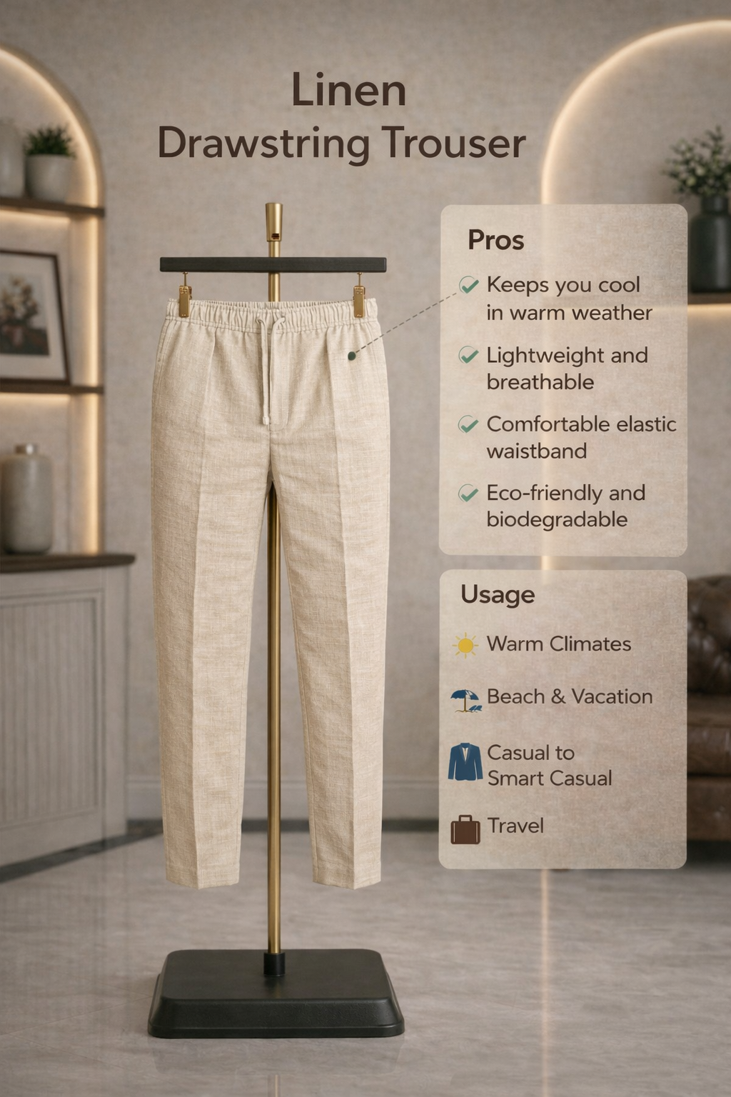 Beige Linen Drawstring Trouser Pant by French Cuff