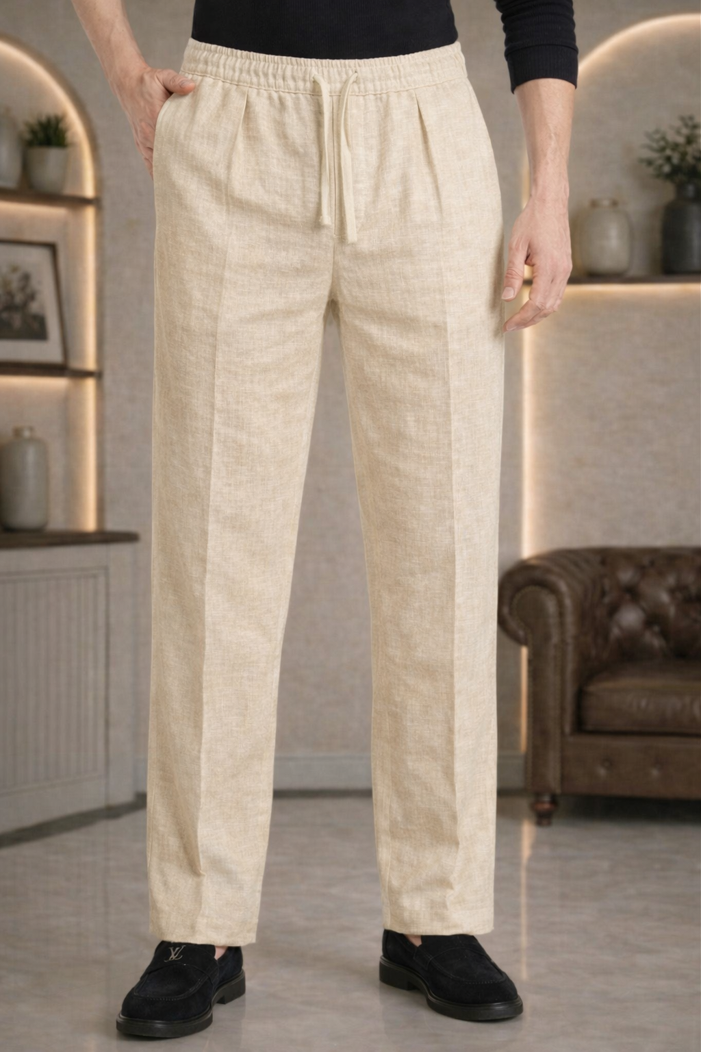Beige Linen Drawstring Trouser Pant by French Cuff