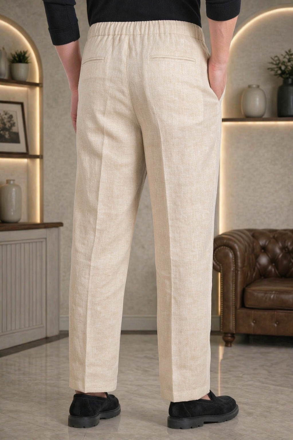 Beige Linen Drawstring Trouser Pant by French Cuff