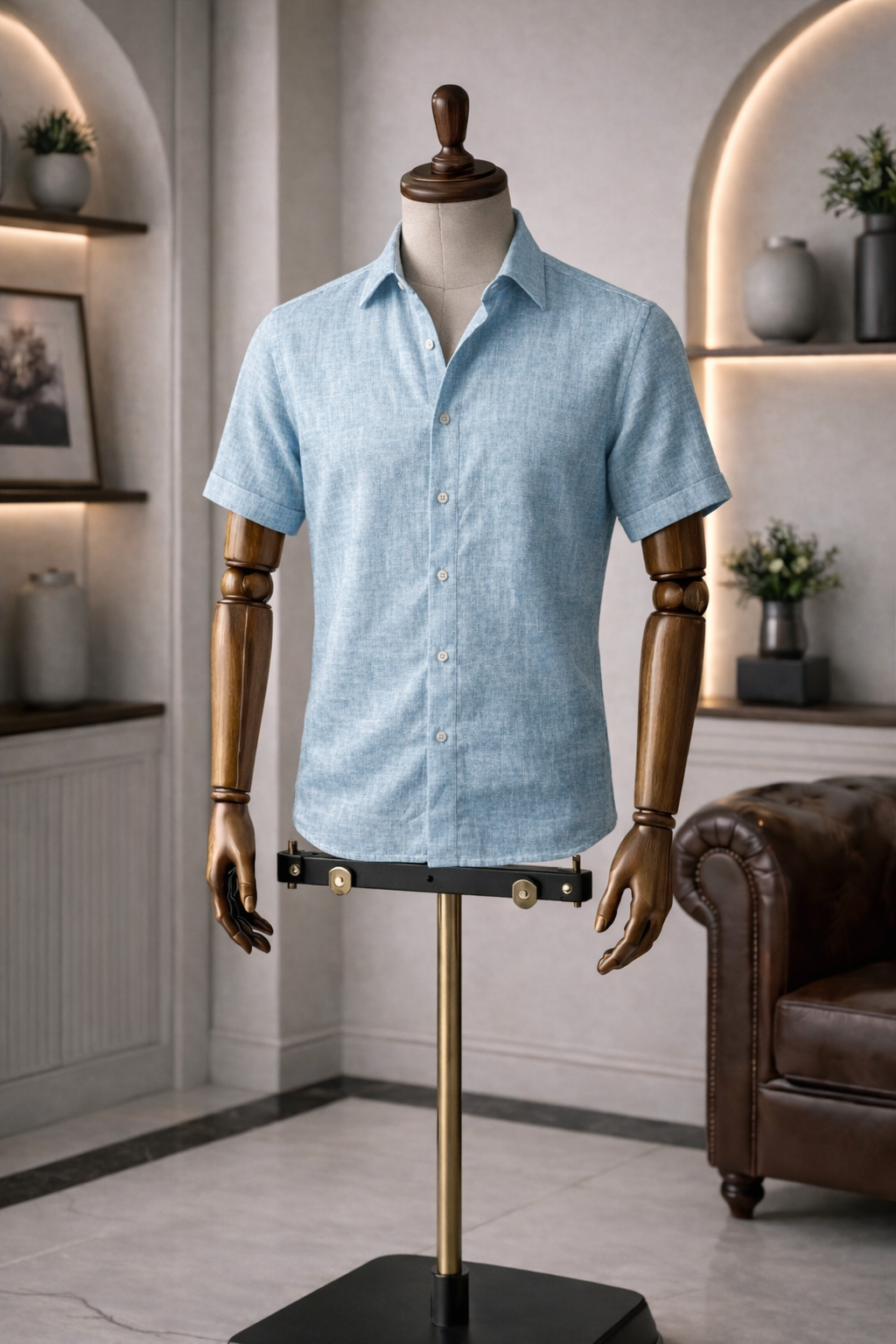 French Cuff Men's Pure Linen Sky Blue Half Sleeve Shirt | Summer Wear