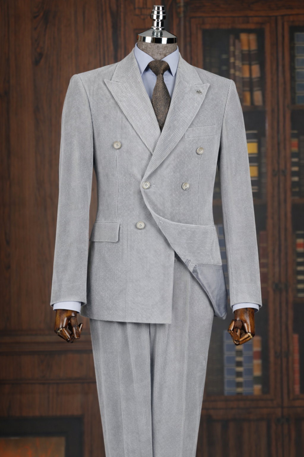 French Cuff Corduroy Light Grey Double Breasted 2-Piece Suit