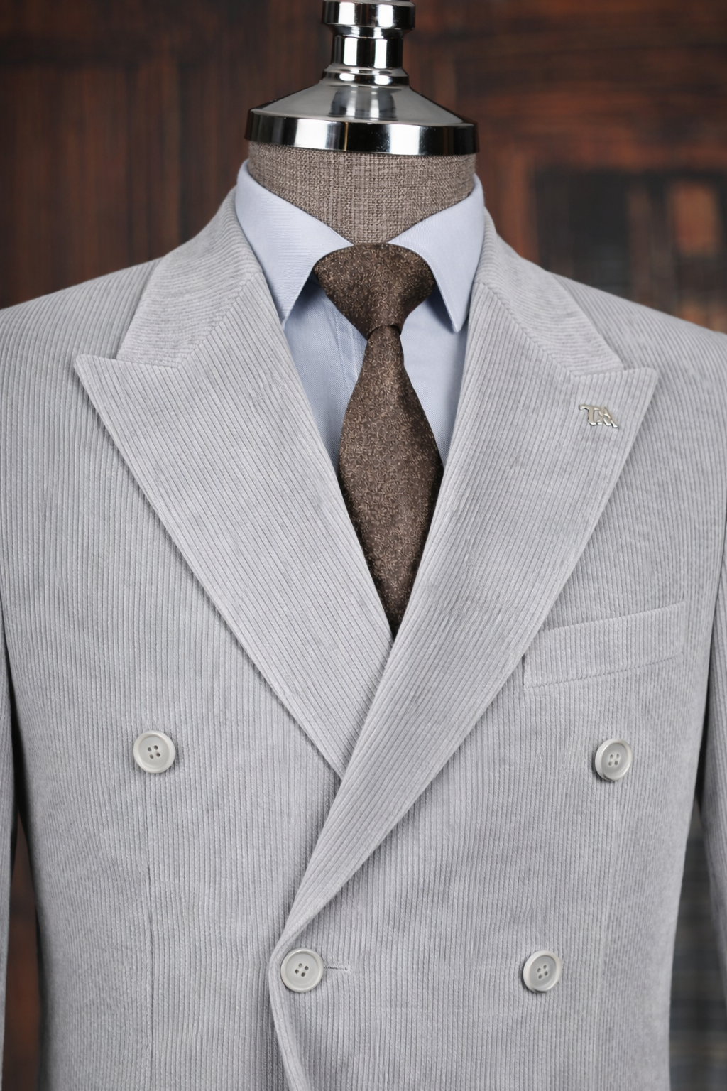 French Cuff Corduroy Light Grey Double Breasted 2-Piece Suit