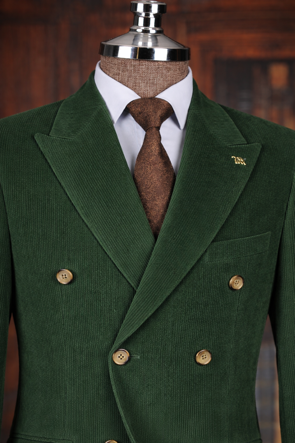 French Cuff Corduroy Green Double Breasted 2-Piece Suit