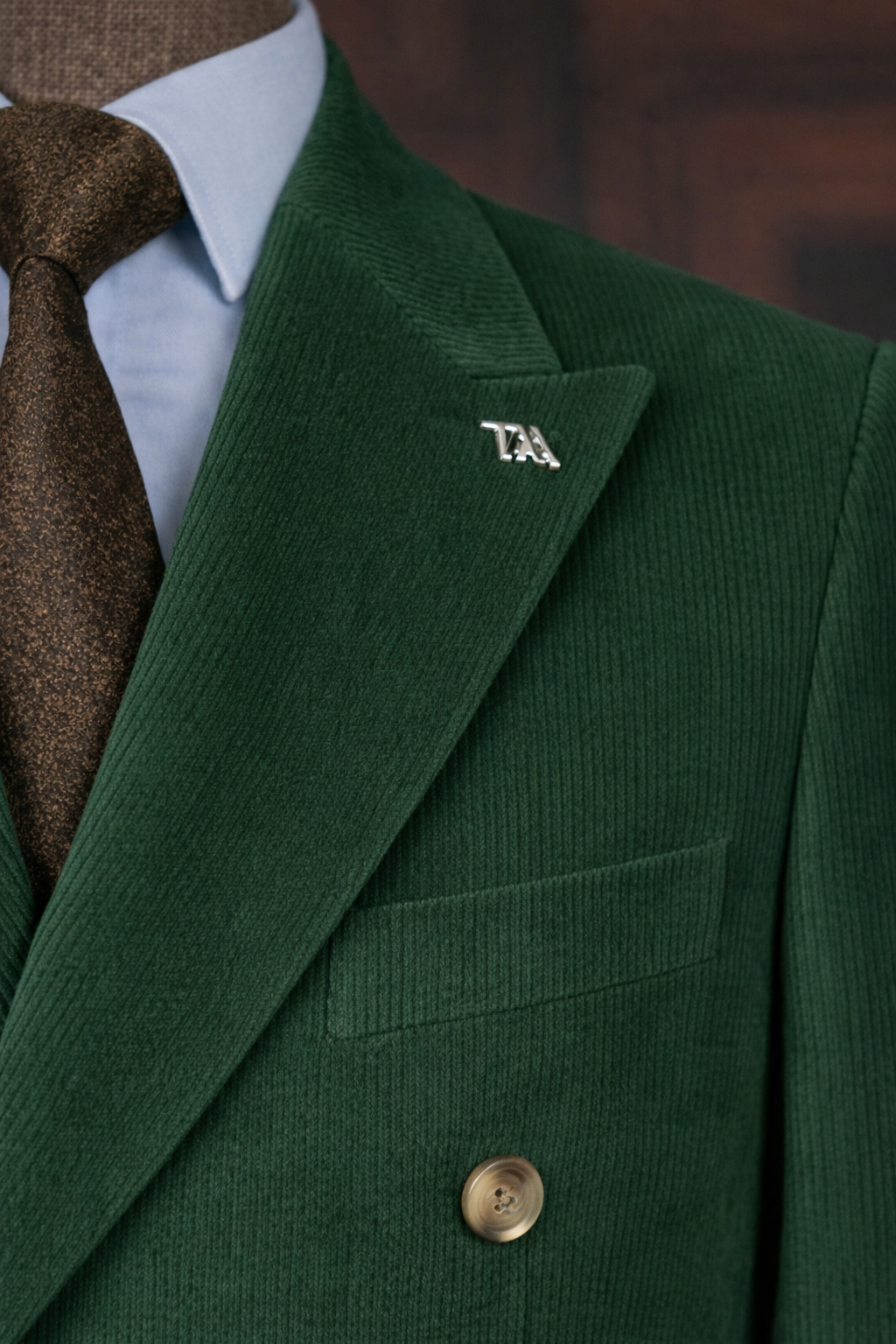 French Cuff Men's Corduroy Green Double Breasted  Blazer