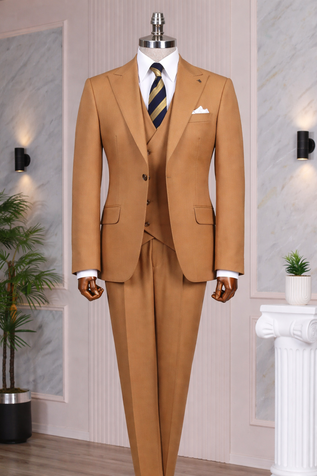 French Cuff Men's Camel Single Buttoned 3-Piece Suit