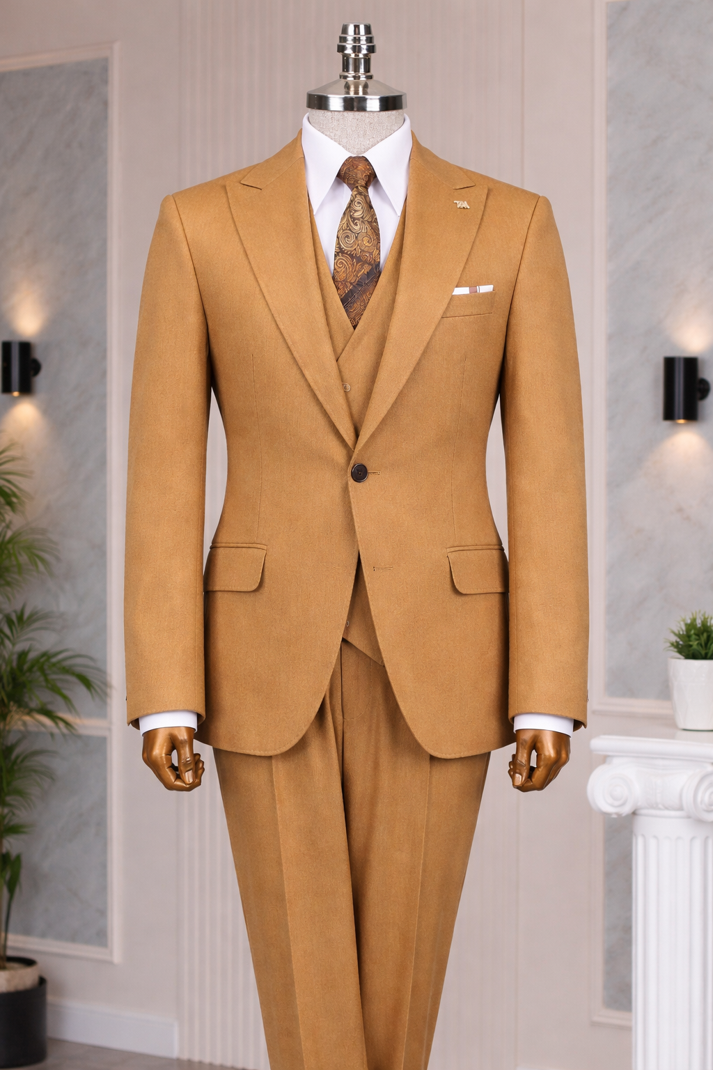 French Cuff Men's Camel Single Buttoned 3-Piece Suit