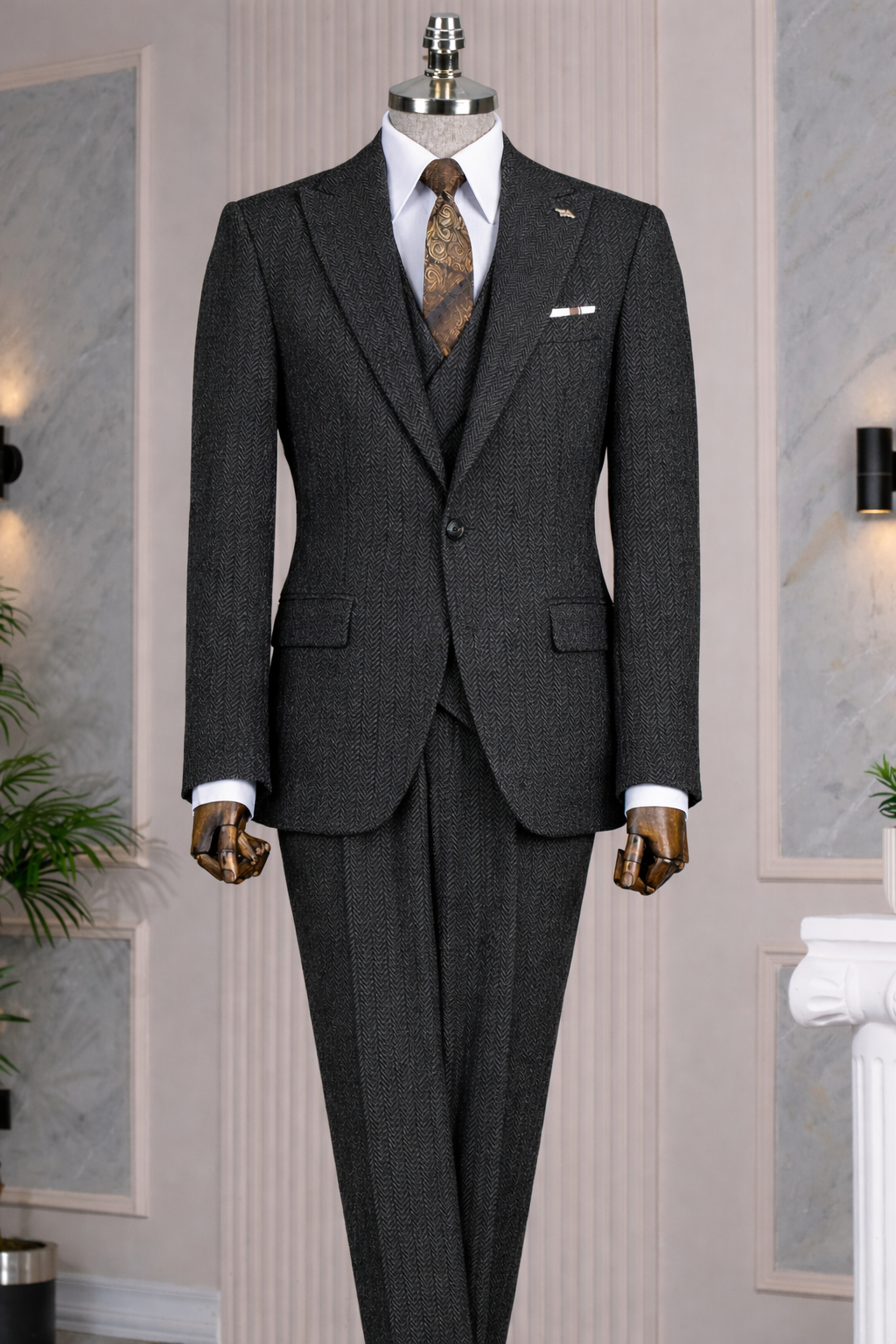 French Cuff Men's Black Herringbone Single Buttoned 3-Piece Suit