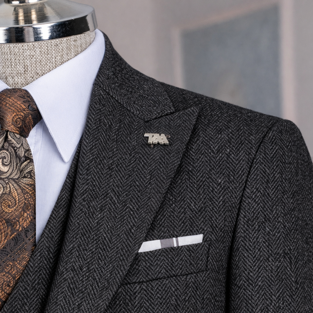 French Cuff Men's Black Herringbone Single Buttoned 3-Piece Suit