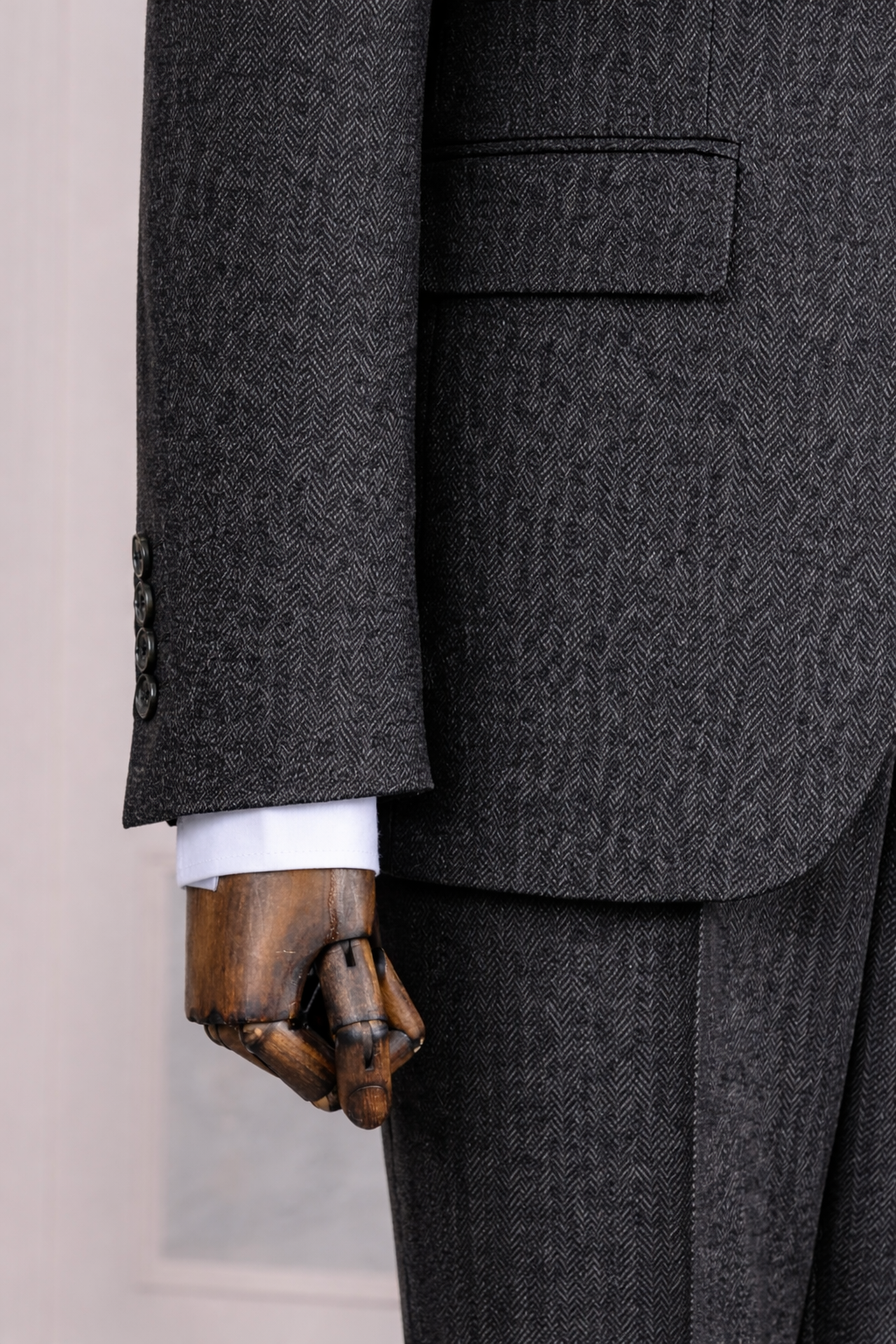 French Cuff Men's Black Herringbone Single Buttoned 3-Piece Suit