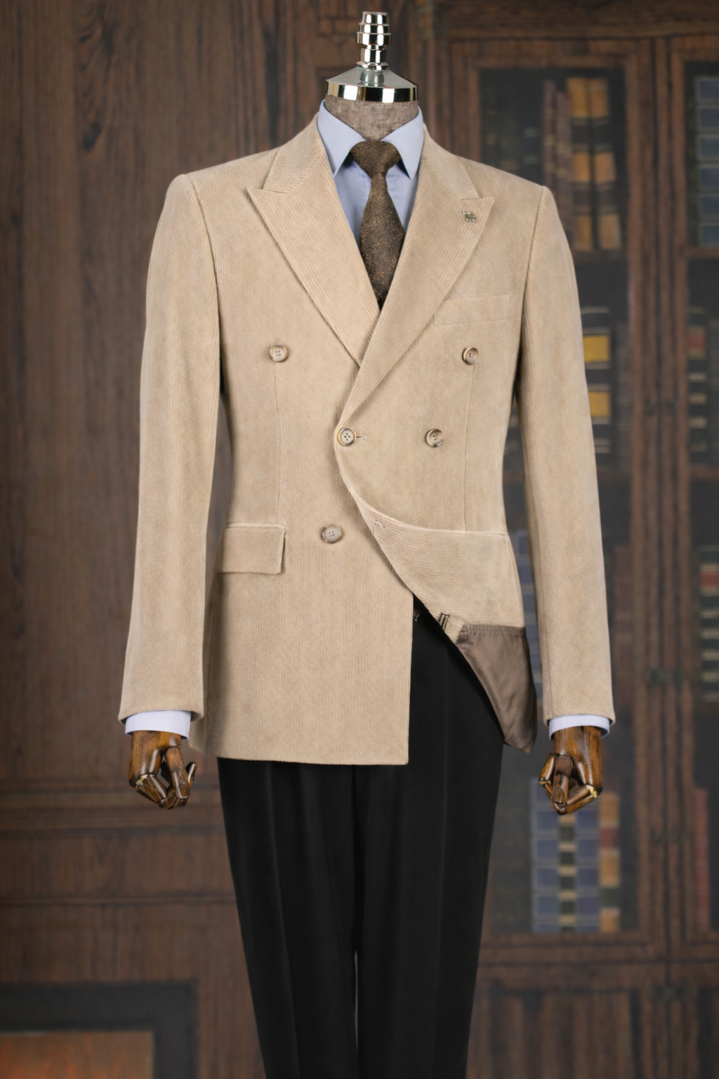 French Cuff Men's Corduroy Beige Double Breasted  Blazer