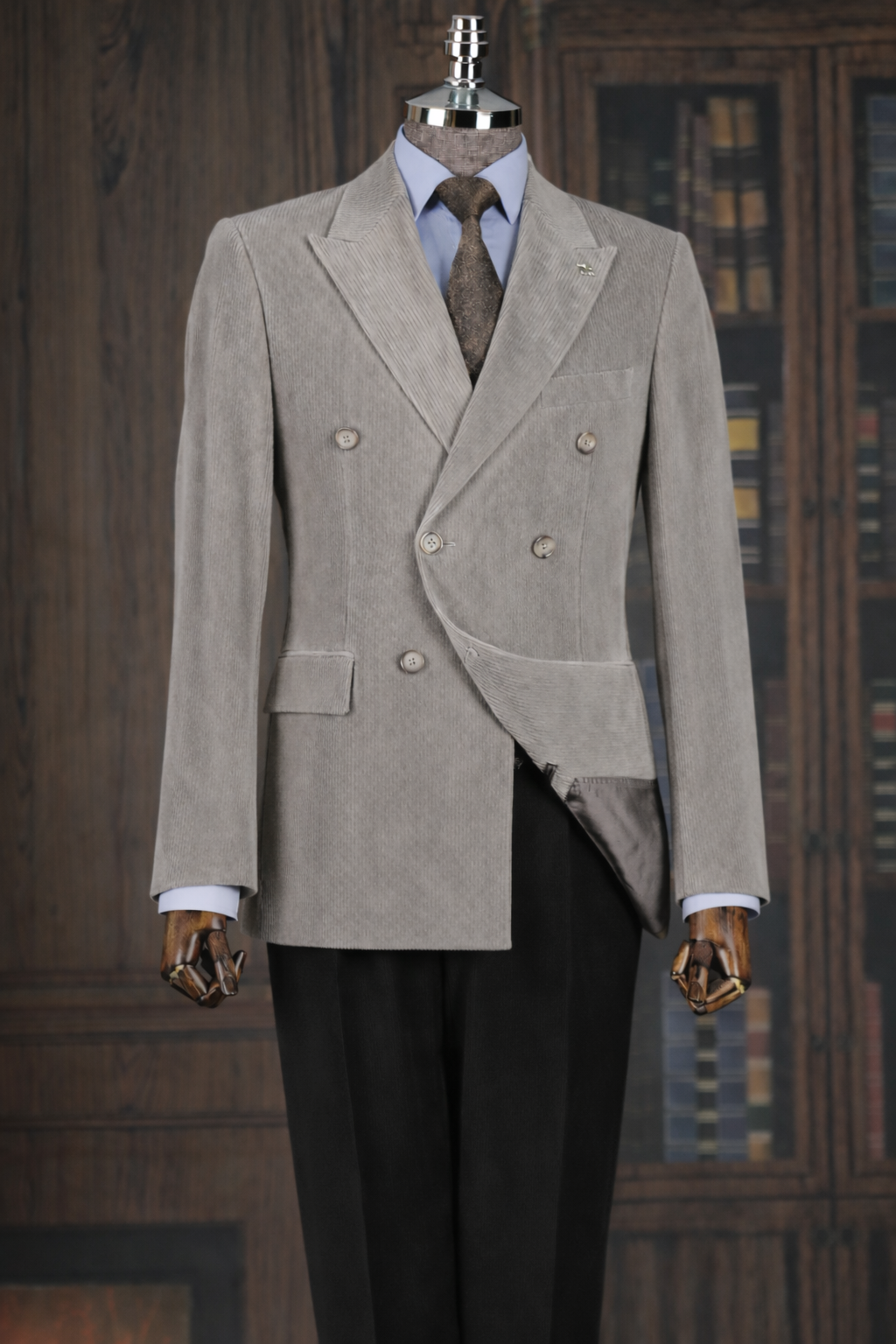 French Cuff Men's Corduroy Dark Grey Double Breasted  Blazer