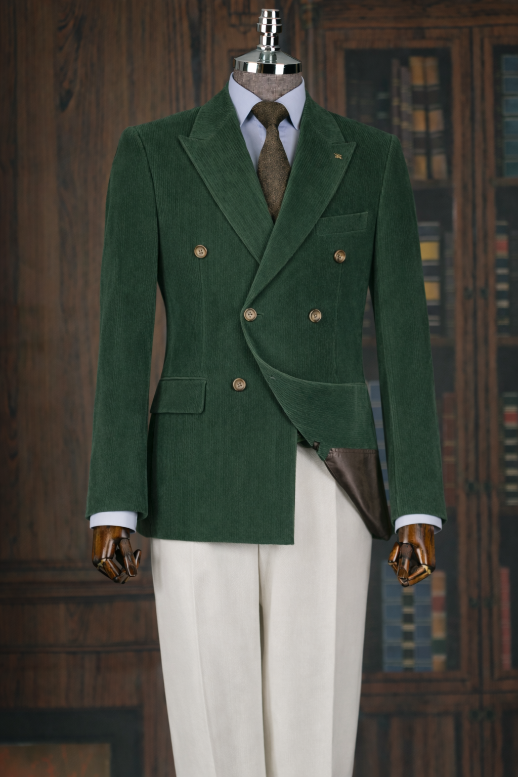 French Cuff Men's Corduroy Green Double Breasted  Blazer