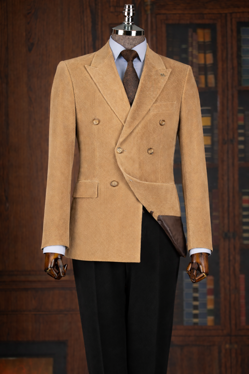 French Cuff Men's Corduroy Khaki Double Breasted Blazer