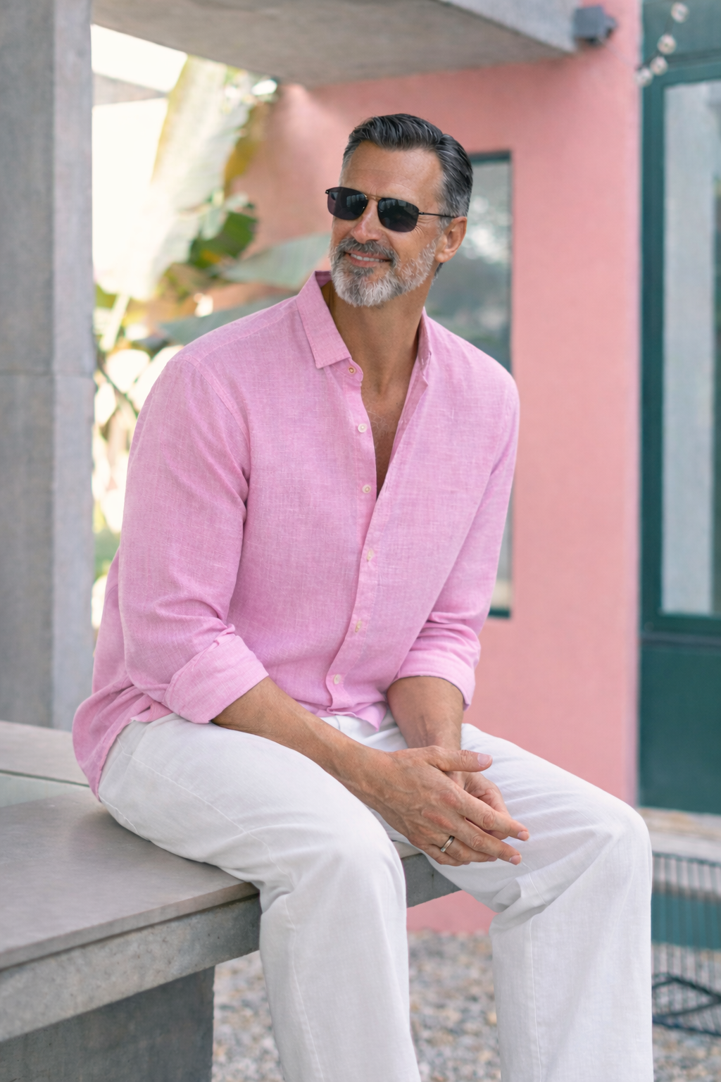 Full Sleeve Linen Pair For Men | Pink Linen Shirt with White Linen Pant