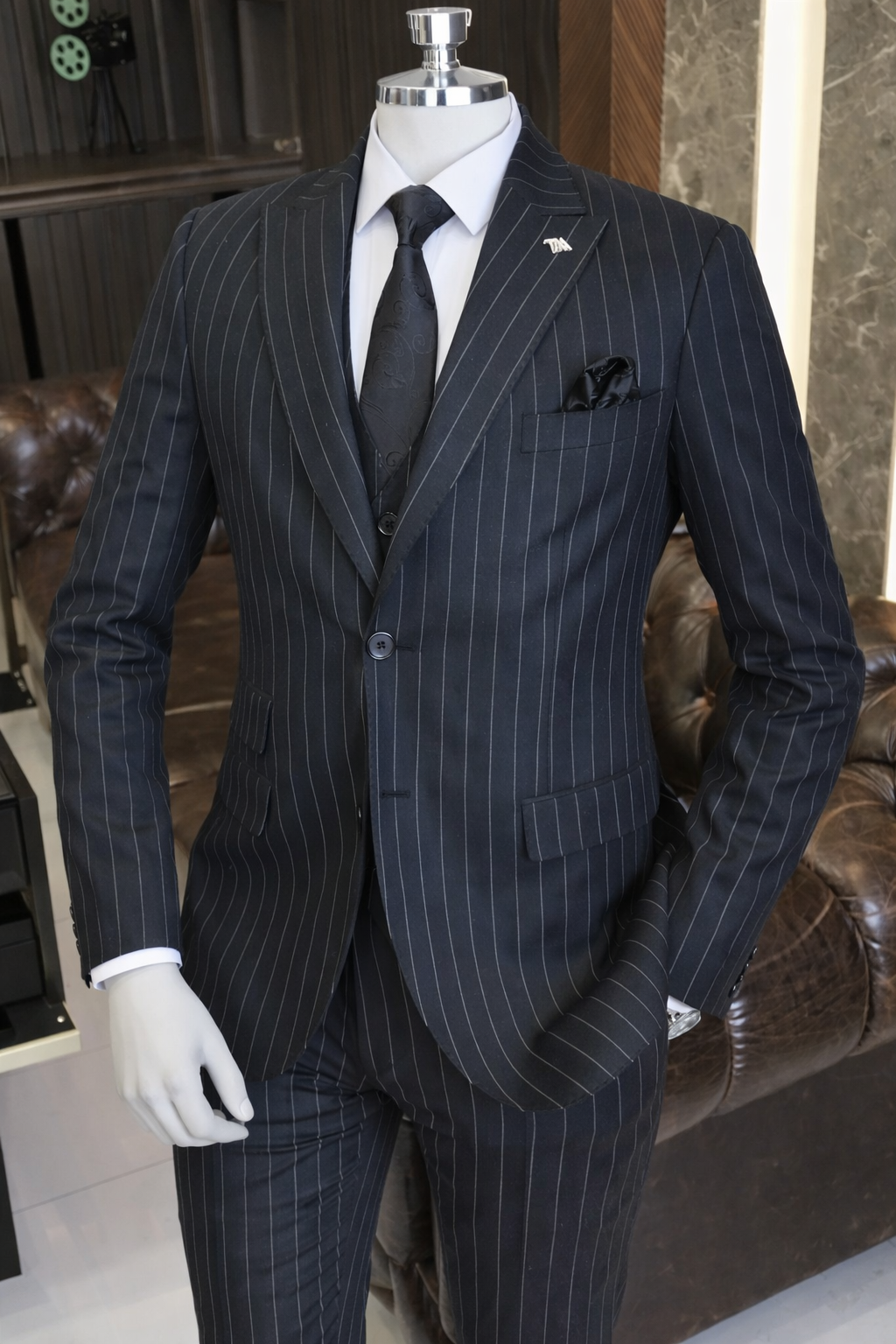 French Cuff Men's Navy Striped Double Buttoned 3-Piece Suit
