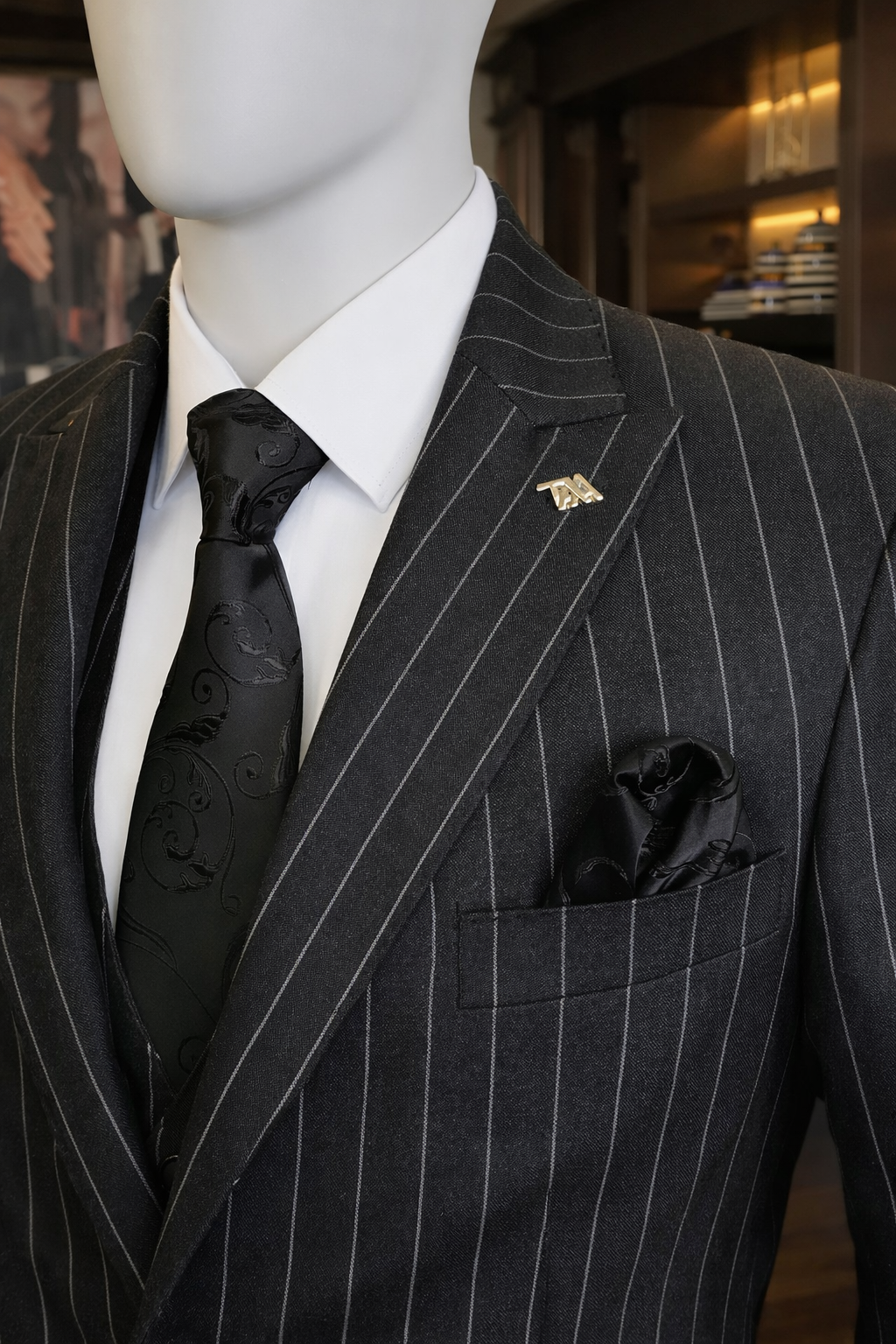 French Cuff Men's Navy Striped Double Buttoned 3-Piece Suit