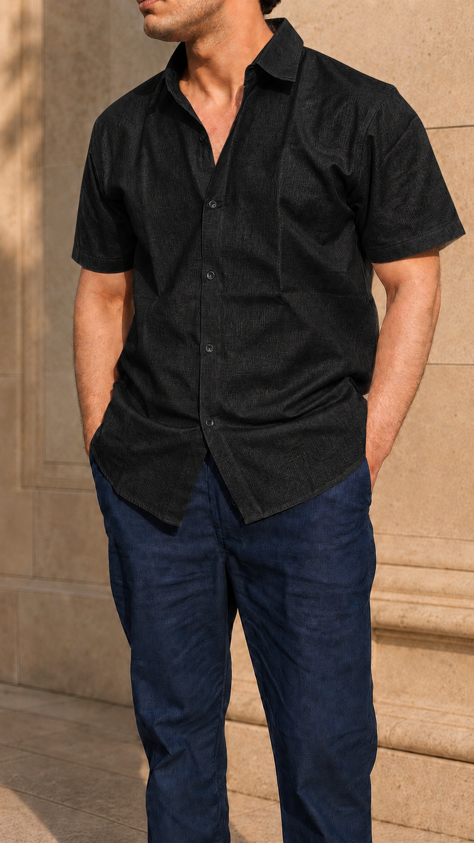 Half Sleeve Belgium Linen Pair For Men | Black Shirt with Navy Pant by frenchcuff