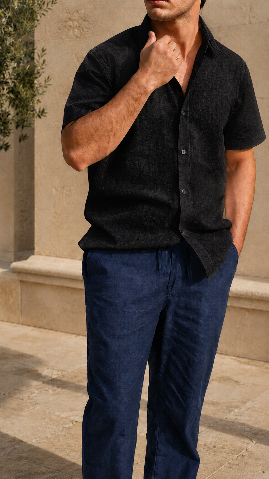 Half Sleeve Belgium Linen Pair For Men | Black Shirt with Navy Pant by frenchcuff