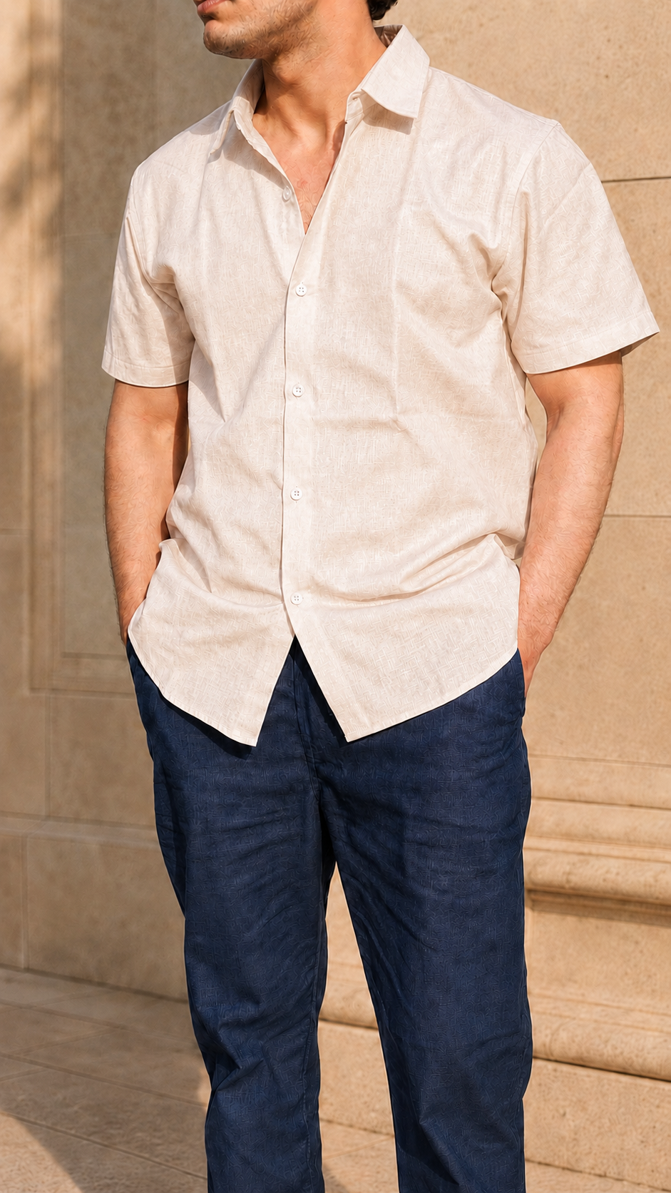 Half Sleeve Belgium Linen Pair For Men | Beige Shirt with Navy Pant by frenchcuff