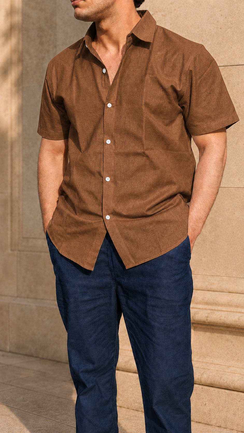 Half Sleeve Belgium Linen Pair For Men | Brown Shirt with Navy Pant by frenchcuff
