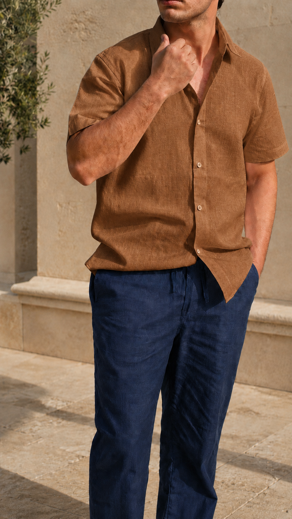 Half Sleeve Belgium Linen Pair For Men | Brown Shirt with Navy Pant by frenchcuff