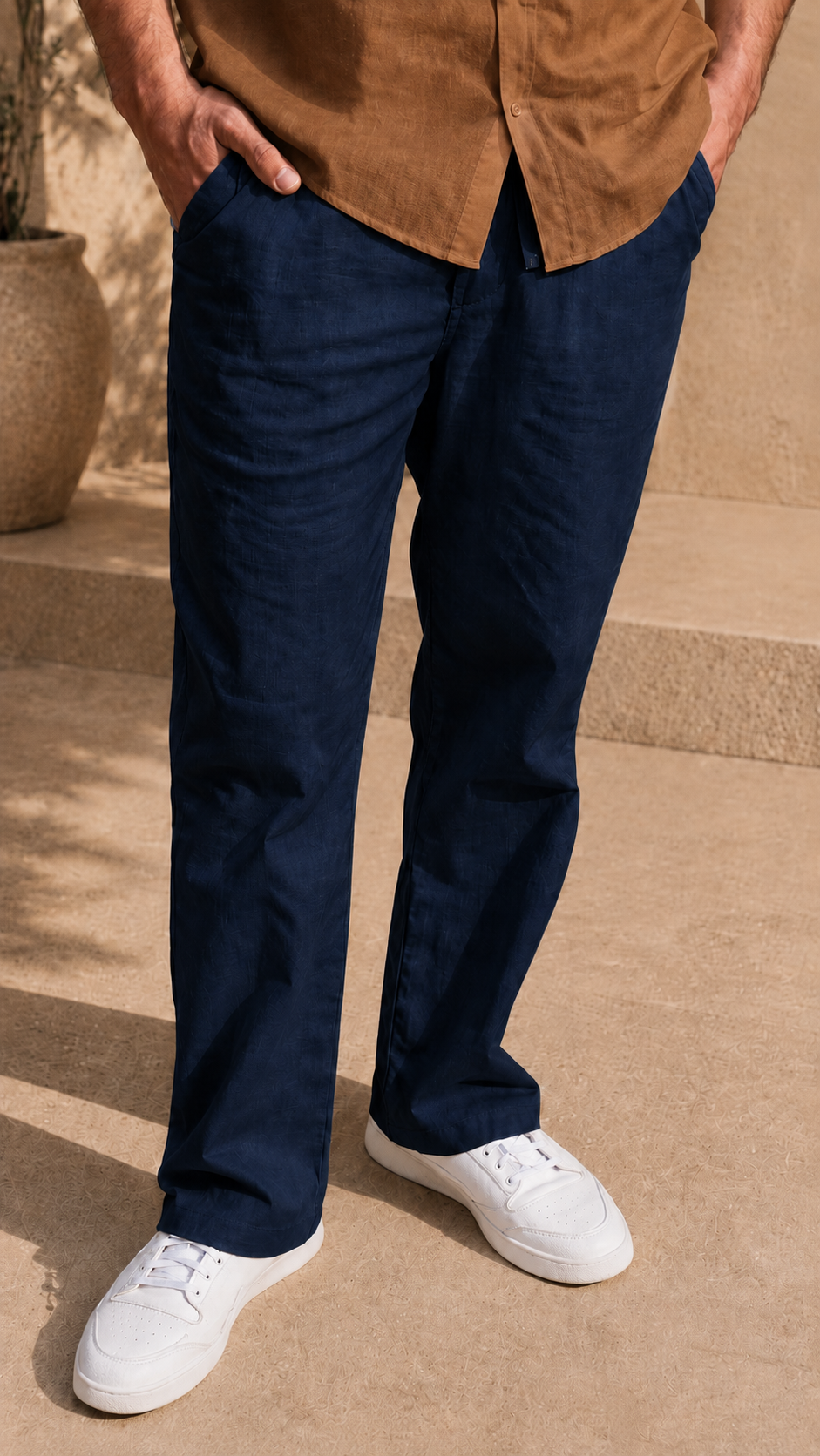 Full Sleeve Belgium Linen Pair For Men | Brown Shirt with Navy Pant by frenchcuff