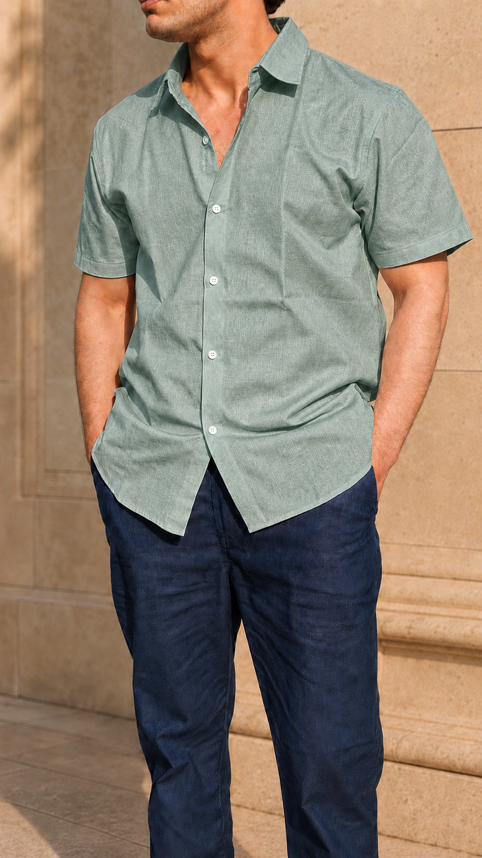 Half Sleeve Belgium Linen Pair For Men | Minty Green Shirt with Navy Pant by frenchcuff