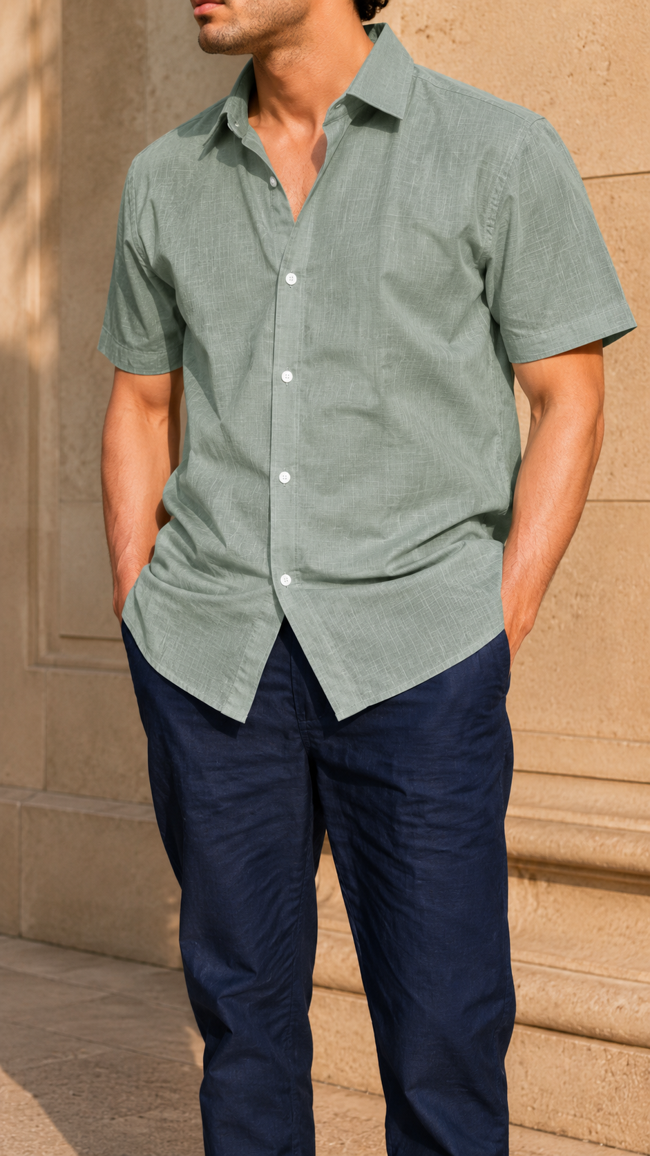 Half Sleeve Belgium Linen Pair For Men | Minty Green Shirt with Navy Pant by frenchcuff