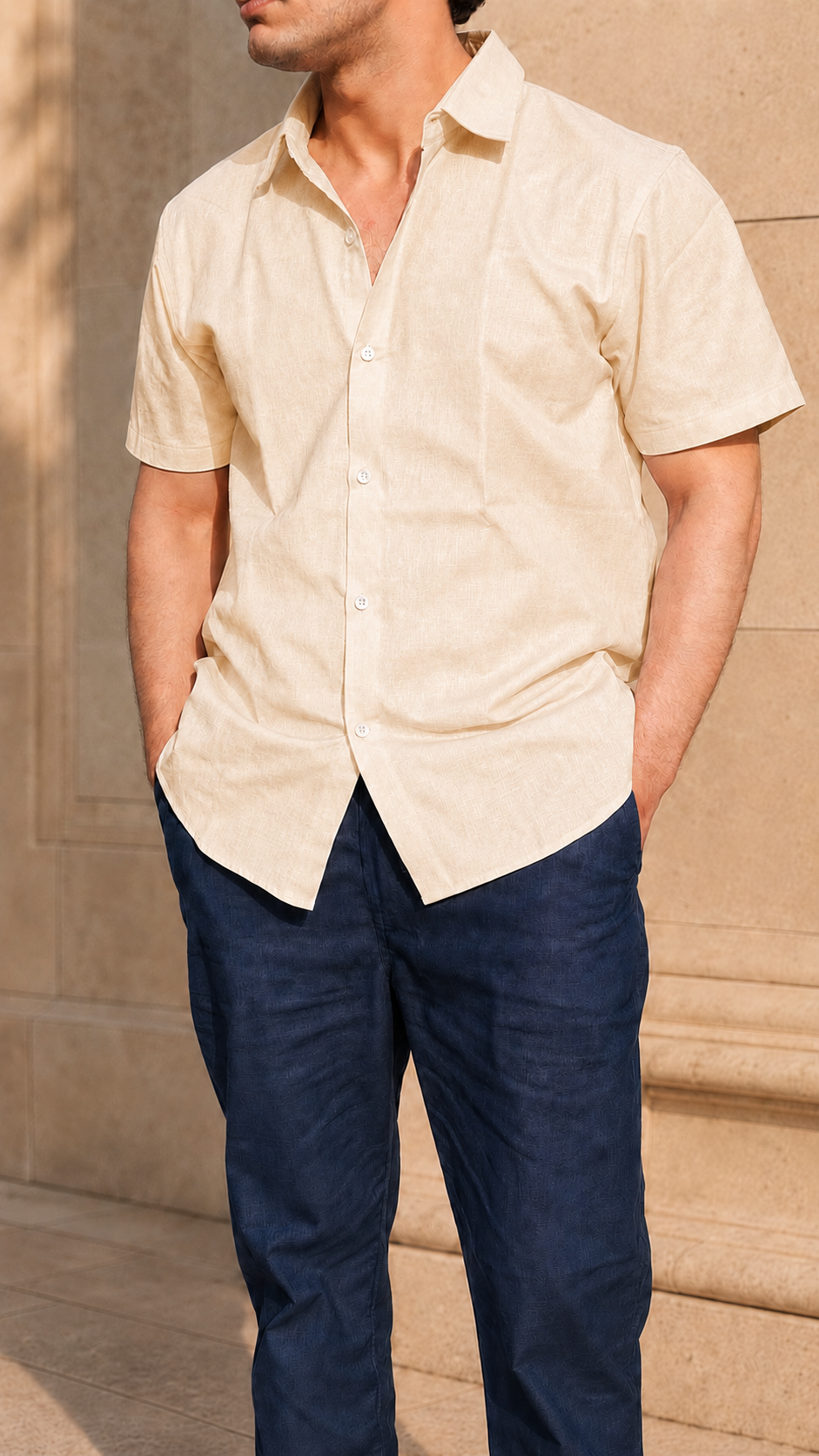Half Sleeve Belgium Linen Pair For Men | Khaki Shirt with Navy Pant by frenchcuff