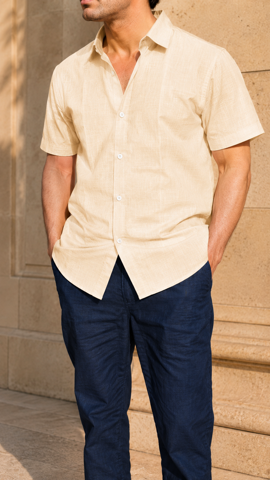 Half Sleeve Belgium Linen Pair For Men | Khaki Shirt with Navy Pant by frenchcuff