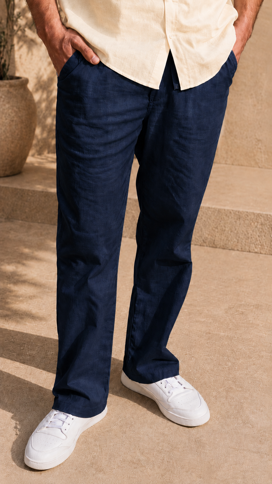 Full Sleeve Belgium Linen Pair For Men | Khaki Shirt with Navy Pant by frenchcuff