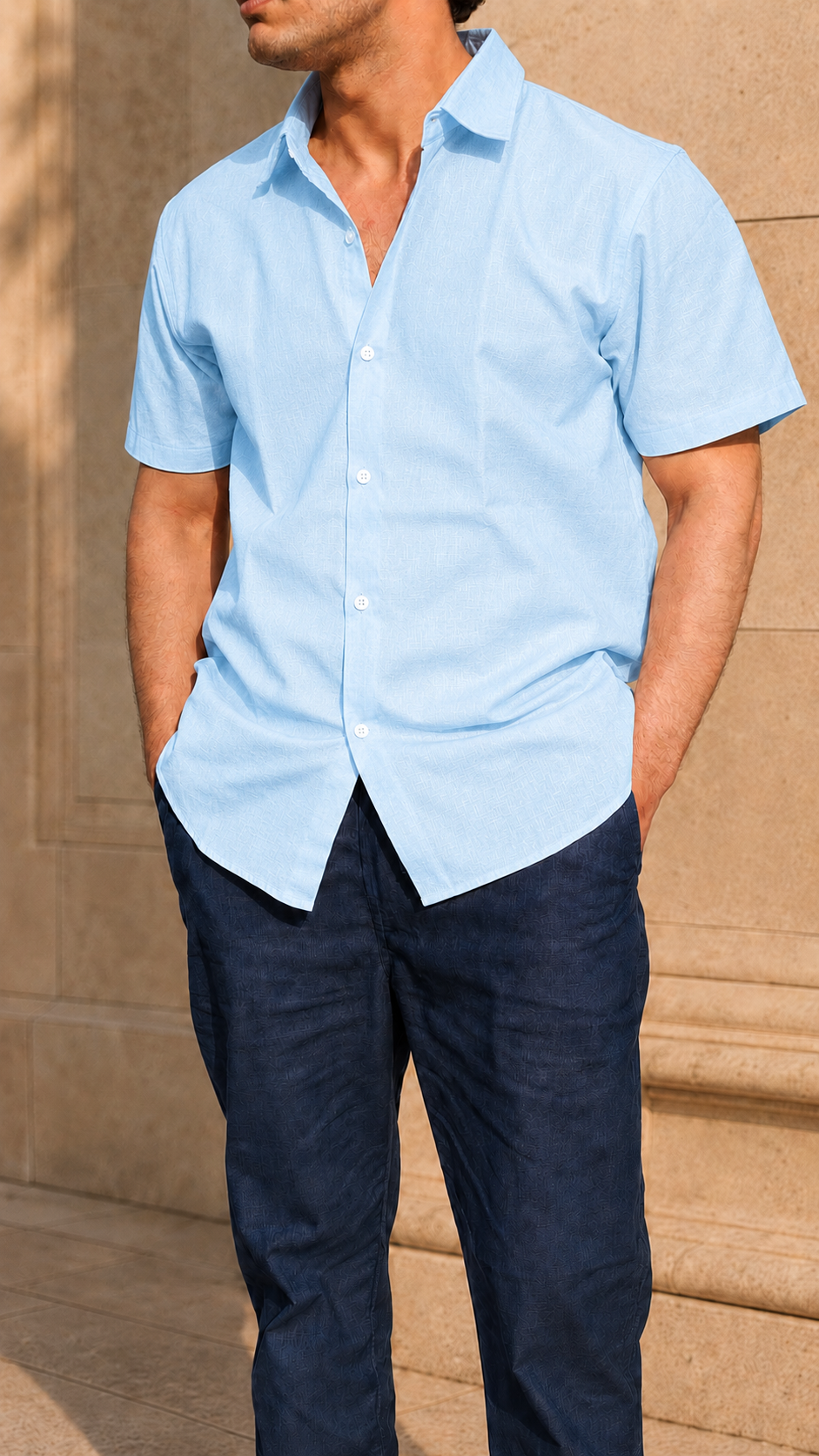 Half Sleeve Belgium Linen Pair For Men | Sky Blue Shirt with Navy Pant by frenchcuff