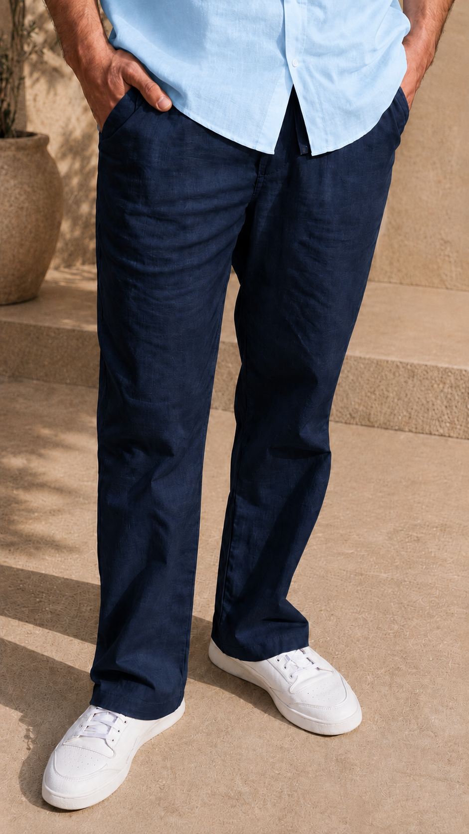 Half Sleeve Belgium Linen Pair For Men | Sky Blue Shirt with Navy Pant by frenchcuff