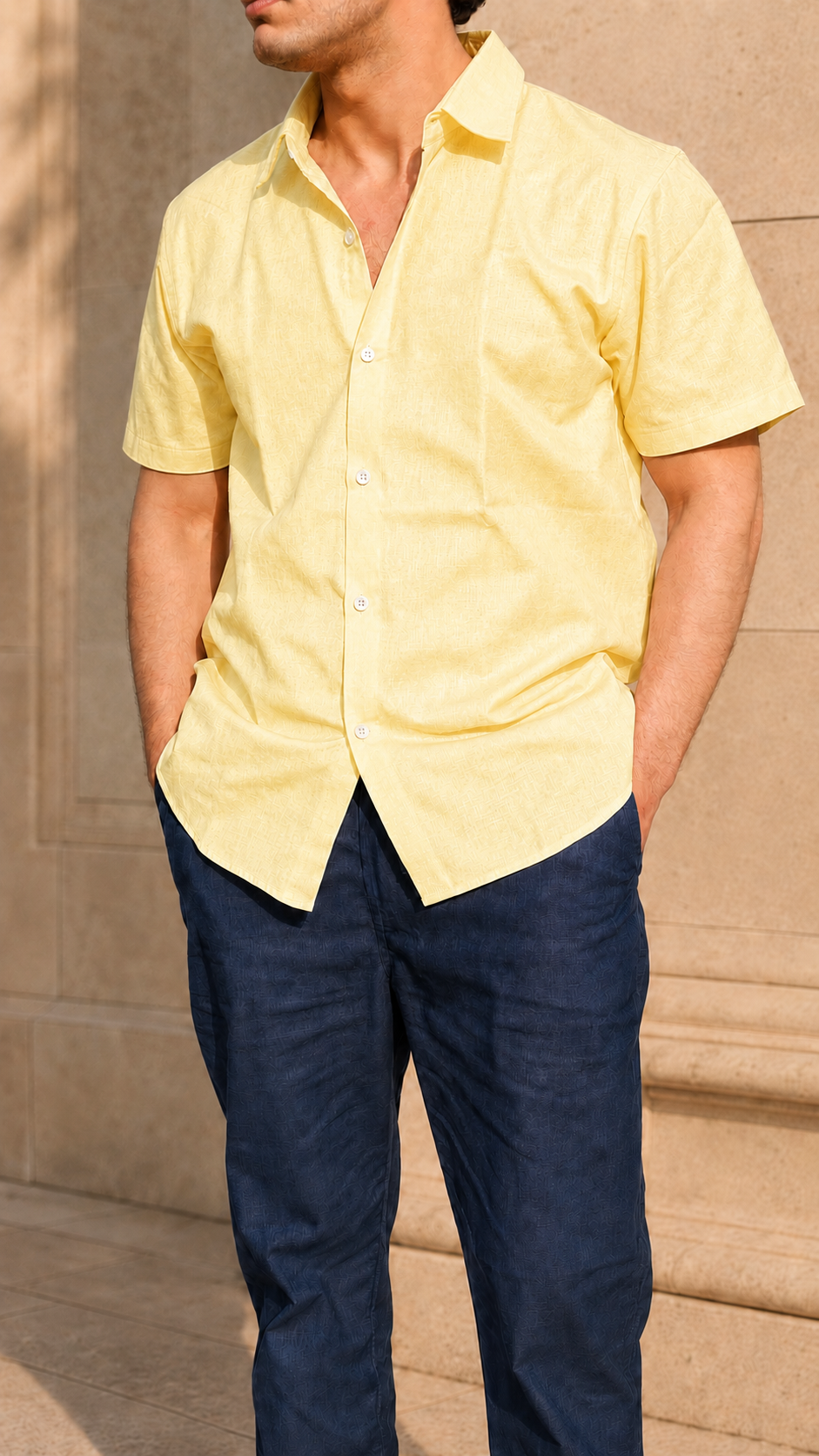Half Sleeve Belgium Linen Pair For Men | Buttery Yellow Shirt with Navy Pant by frenchcuff