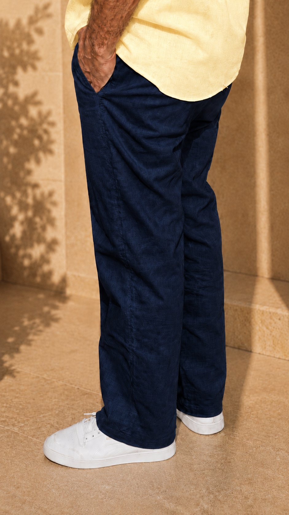 Half Sleeve Belgium Linen Pair For Men | Buttery Yellow Shirt with Navy Pant by frenchcuff