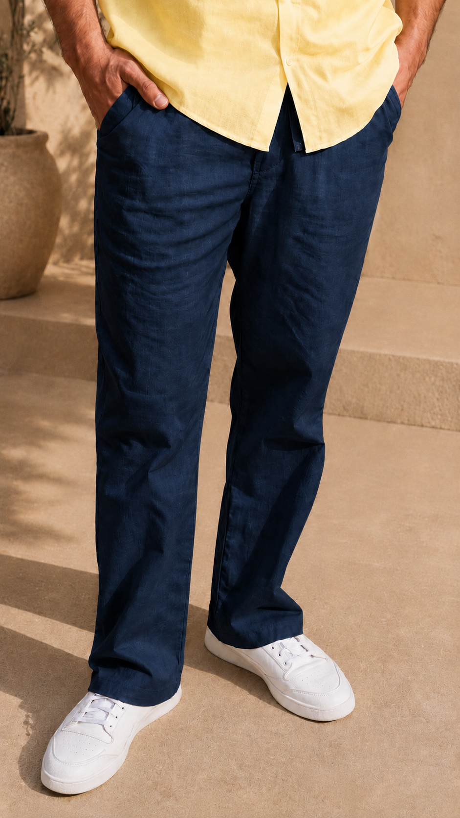 Full Sleeve Belgium Linen Pair For Men | Buttery Yellow Shirt with Navy Pant by frenchcuff