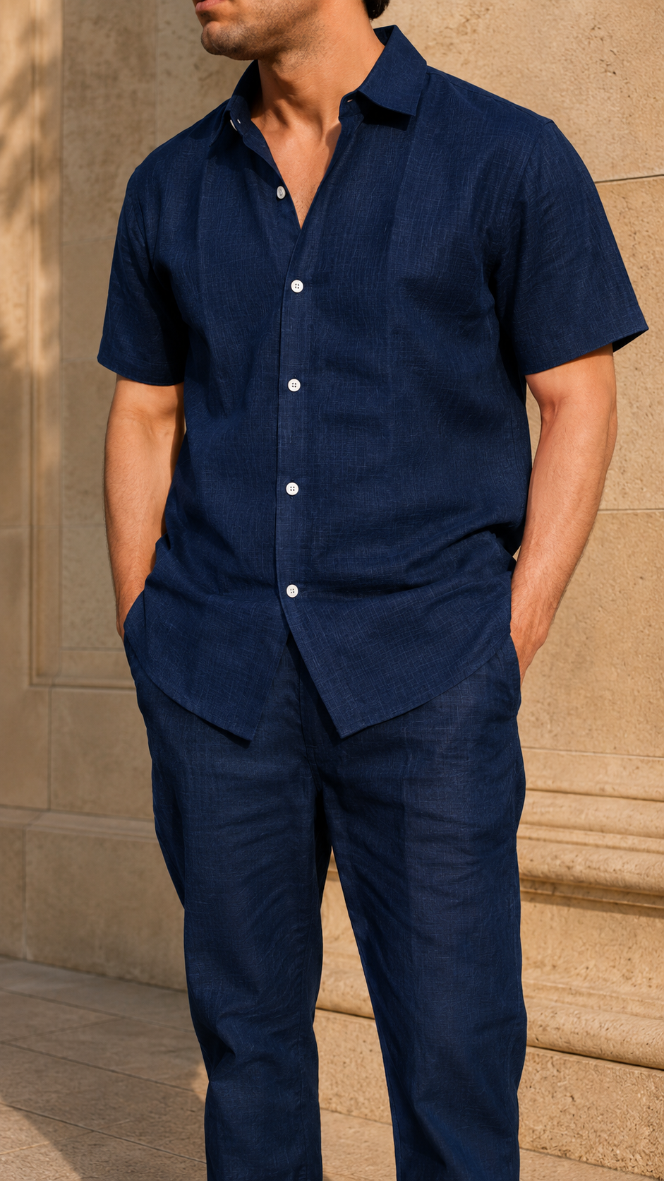 Half Sleeve Belgium Linen Pair For Men | Navy Shirt with Navy Pant by frenchcuff